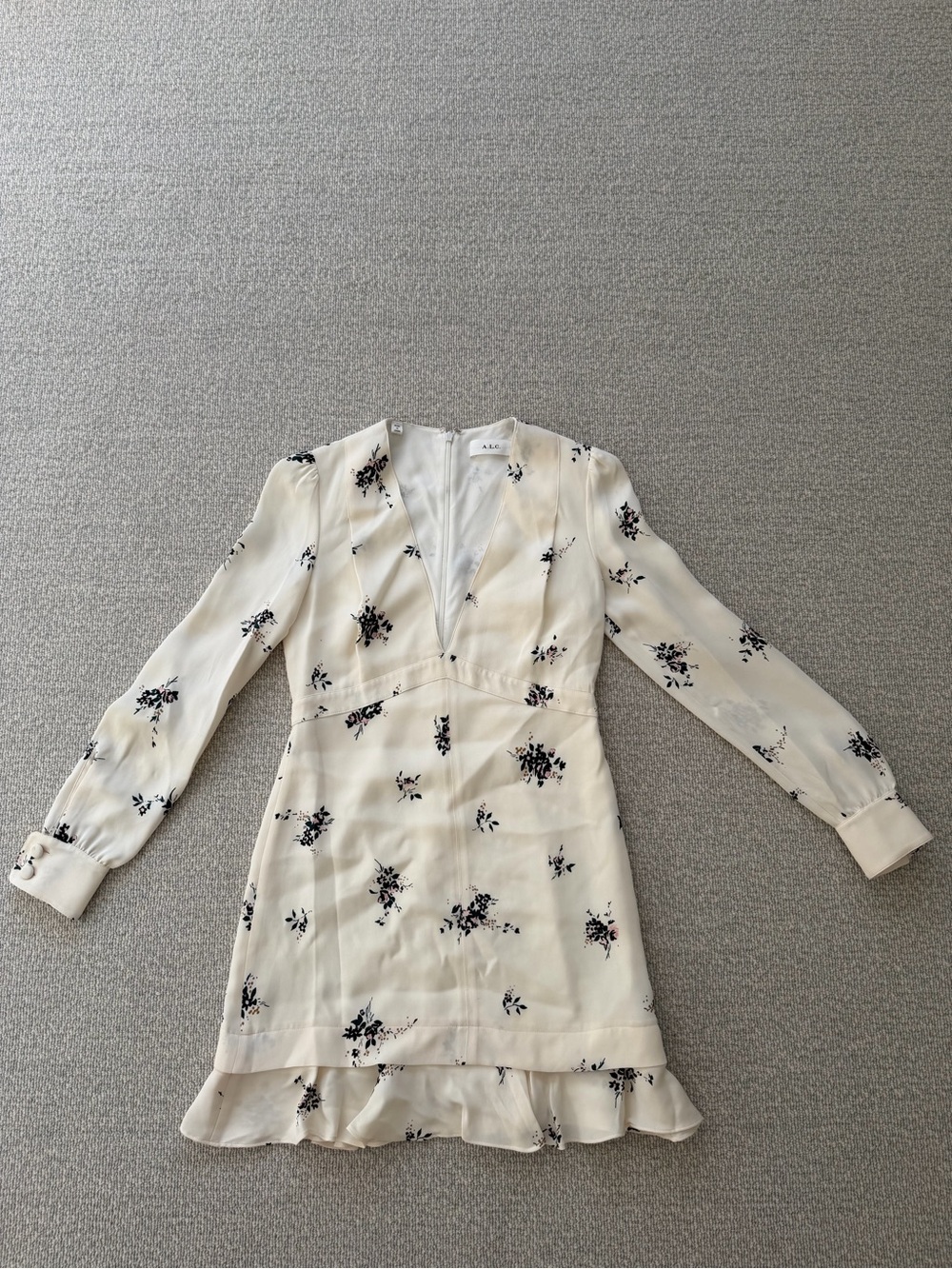 A.L.C. Cream Floral Long-Sleeve V-Neck Mini Dress